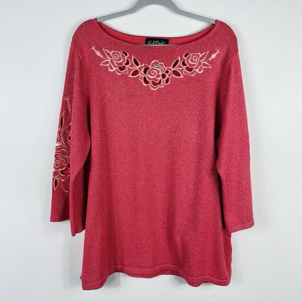 Bob Mackie Size XL Flower Embroidered Cutout Shimmer 3/4 Sleeve Sweater Pink